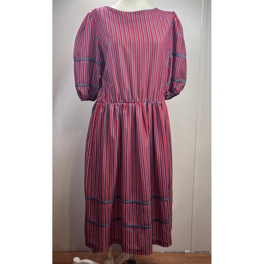 Vtg 70s Sears‎ Dress Large Red Gray Stripe Knee Length Puff Short Sleeve Cottage